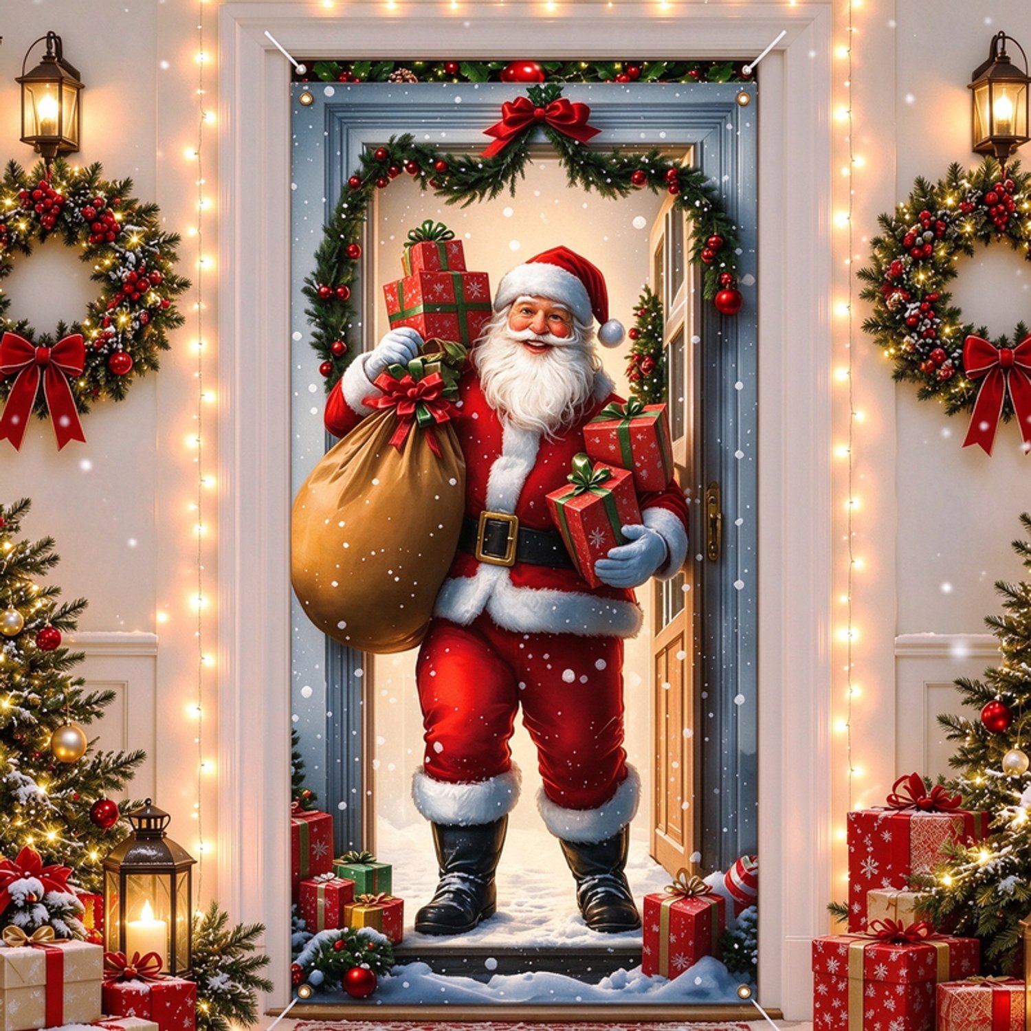 Deurgordijn – Kerstdeurgordijn met patronen van de Kerstman en rendieren – inclusief ophanggaten op de vier hoeken en een ophangtouw van 10 meter; geschikt voor deuren, ramen, huisdecoratie en kerstversiering – Afmetingen: 200 x 90 cm.