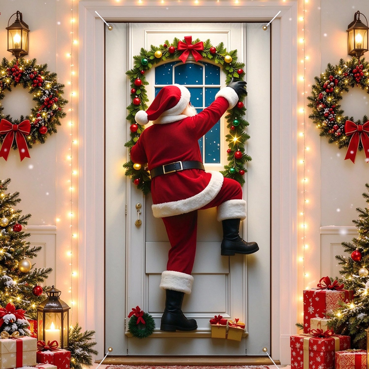 Deurgordijn – Kerstdeurgordijn met patronen van de Kerstman en rendieren – inclusief ophanggaten op de vier hoeken en een ophangtouw van 10 meter; geschikt voor deuren, ramen, huisdecoratie en kerstversiering – Afmetingen: 200 x 90 cm.
