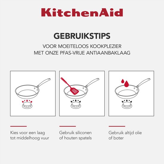 Gebruikstips: kook op laag tot middelhoog vuur, gebruik siliconen of houten spatels en voeg olie of boter toe.