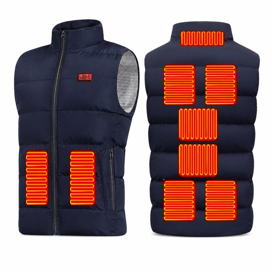 Donkerblauwe elektrische bodywarmer met zichtbare oranje verwarmingselementen op de borst, rug en kraag.