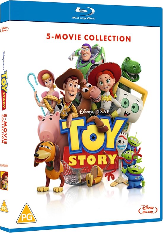 Toy Story 5-filmcollectie Blu-ray hoes met alle hoofdpersonages en het logo centraal op een witte achtergrond.