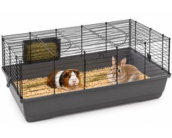 Flamingo Hamsterkooi – Mobi – caviakooi & dwergkonijnenkooi – binnenkooi met hooiruif en diepe bodem – metaal zwart & grijs – 99x53x42,5 cm – Europese kwaliteit