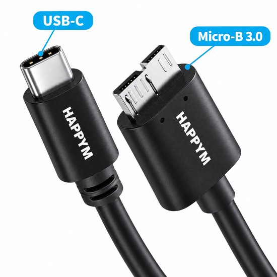 Detailopname van de USB-C en Micro-B 3.0 aansluitingen op de HAPPYM kabel.