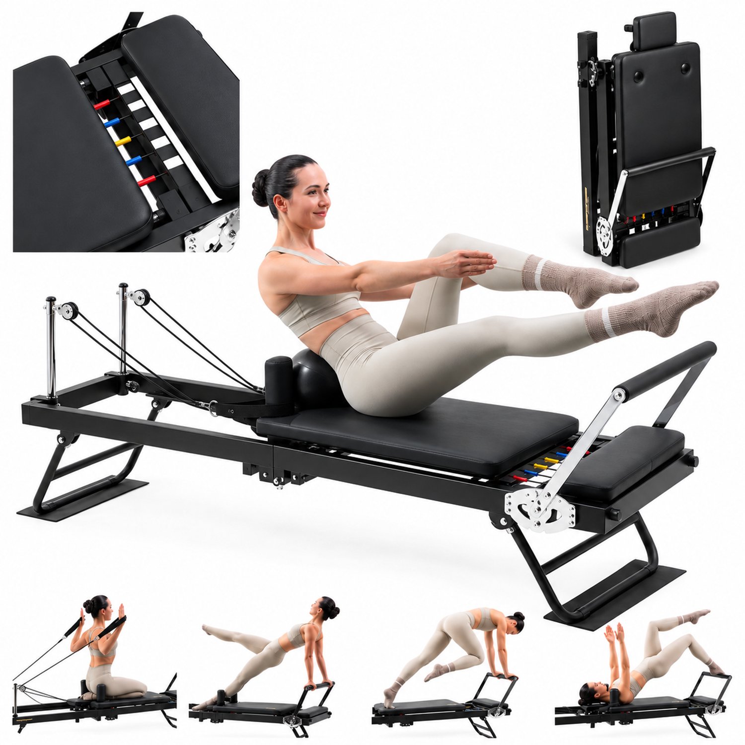Christopeit Pilates Reformer 2000 - Inklapbaar - 5 Weerstandsbanden (5-7 kg) - Verstelbare Voetsteun - Tot 120 kg - Pilates Apparaat voor Thuis