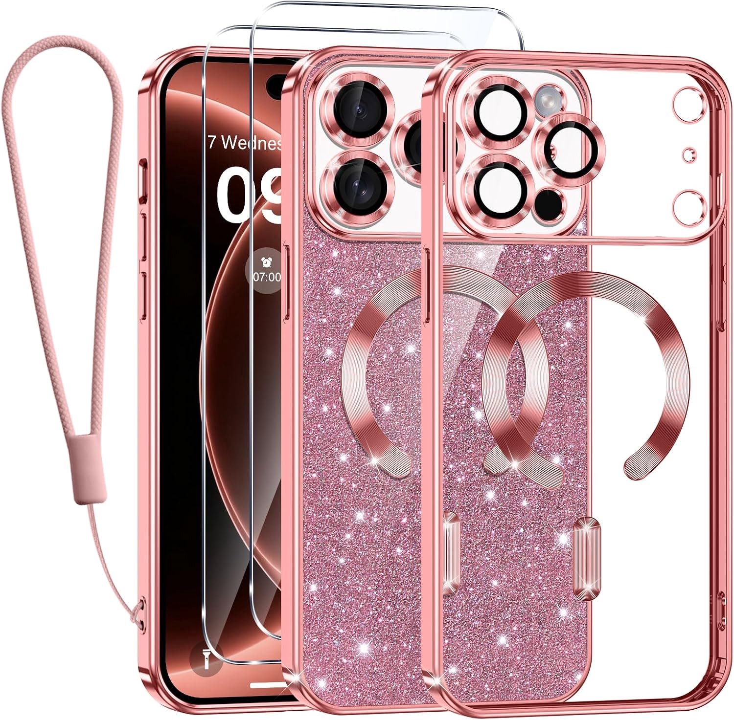 Zandarix Hoesje Geschikt voor Apple iPhone 18 Pro Max - Back Cover Hoesje - Geschikt voor Mag - Glanzend Glitter - 2x Screenprotector - Roze