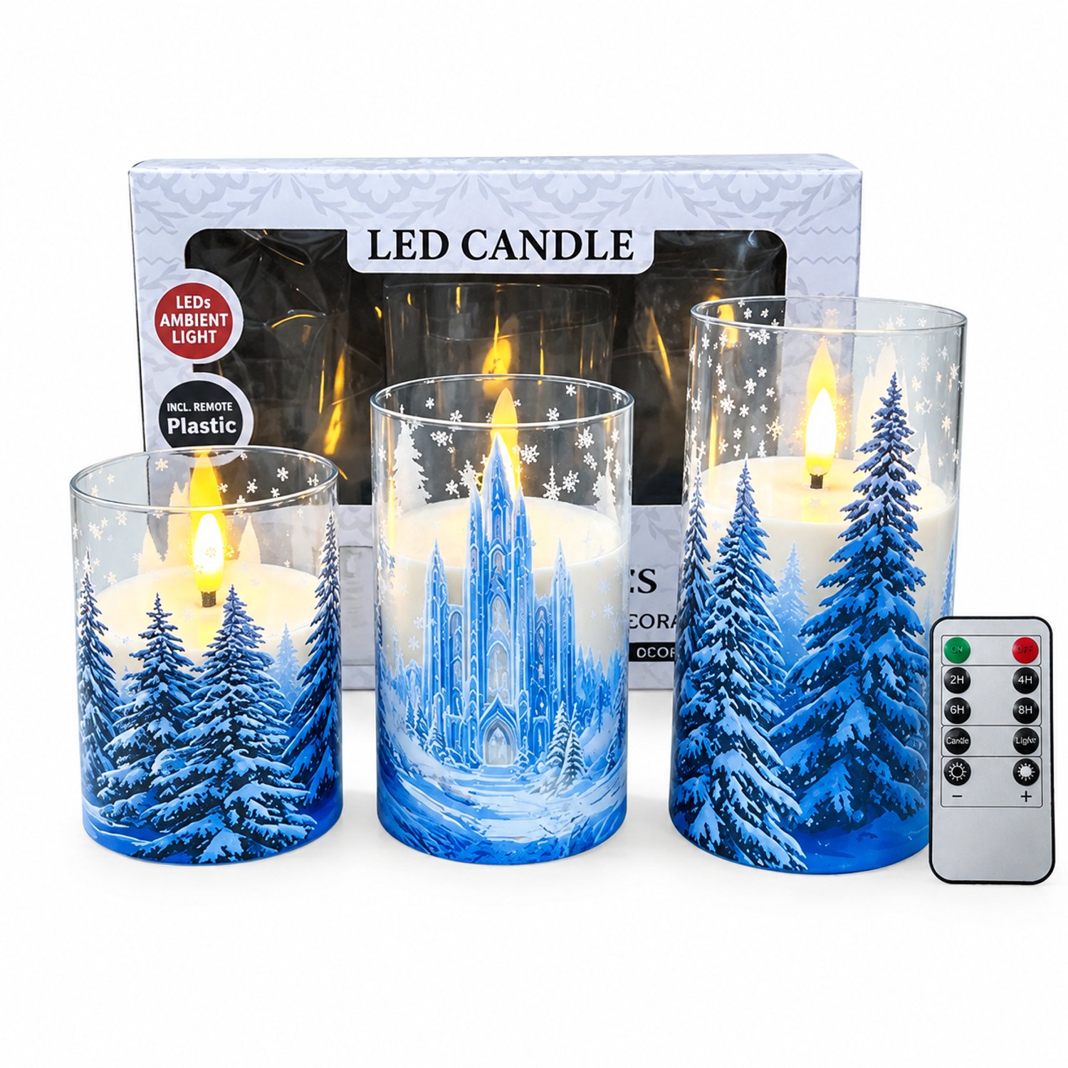 SWGOTA led kaarsen set van 3 met winters sneeuwdecor, cilindervorm en warm vlameffect, inclusief afstandsbediening, op batterijen, zonder batterijen, in vensterdoos Bruin