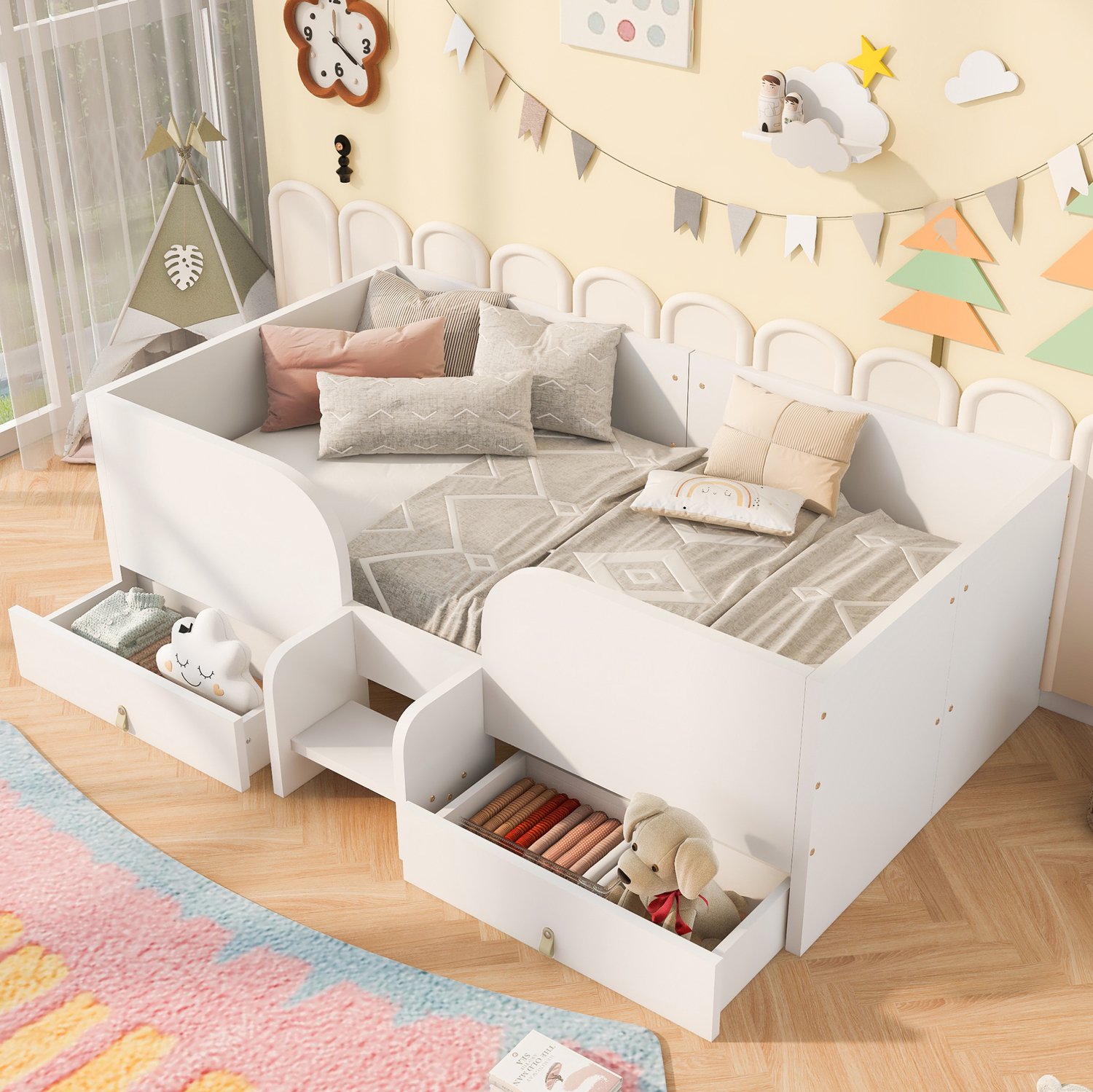 WUVRIE Kinderbed 90x200 cm - Met 2 grote lades, veiligheidsopstap en hoge zijhekken - Wit