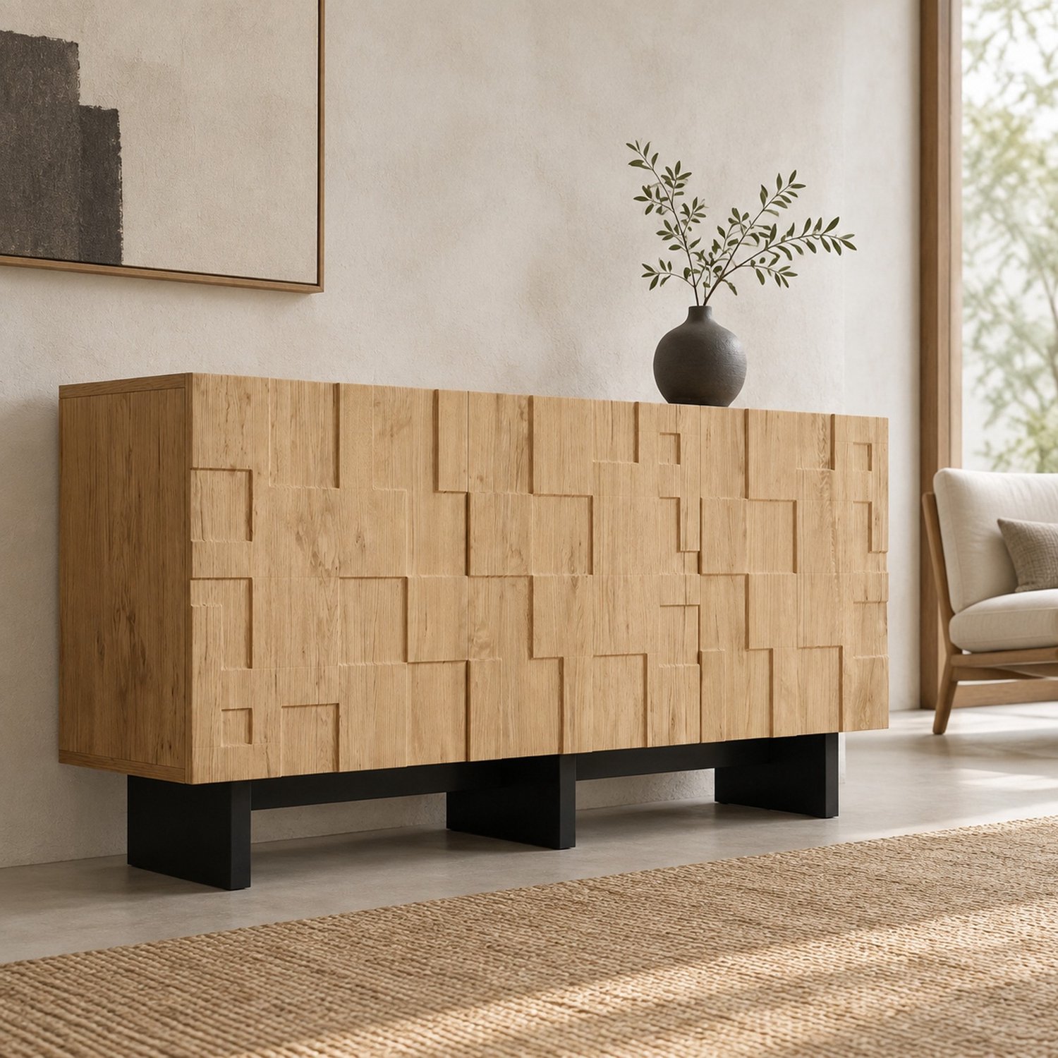 MODFU Dressoir Met 3 Deuren En Push-To-Open - Landelijk - MDF - Naturel - 140x40x70 Cm