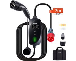 VEVOR Mobiele Wallbox, 22 kW 32A, Type 2 Draagbare EV-lader, 3-fasen elektrische autolader met 7 m laadkabel, CEE32-stekker, LCD-scherm, verstelbaar EV-laadstation, IP66-regelkast