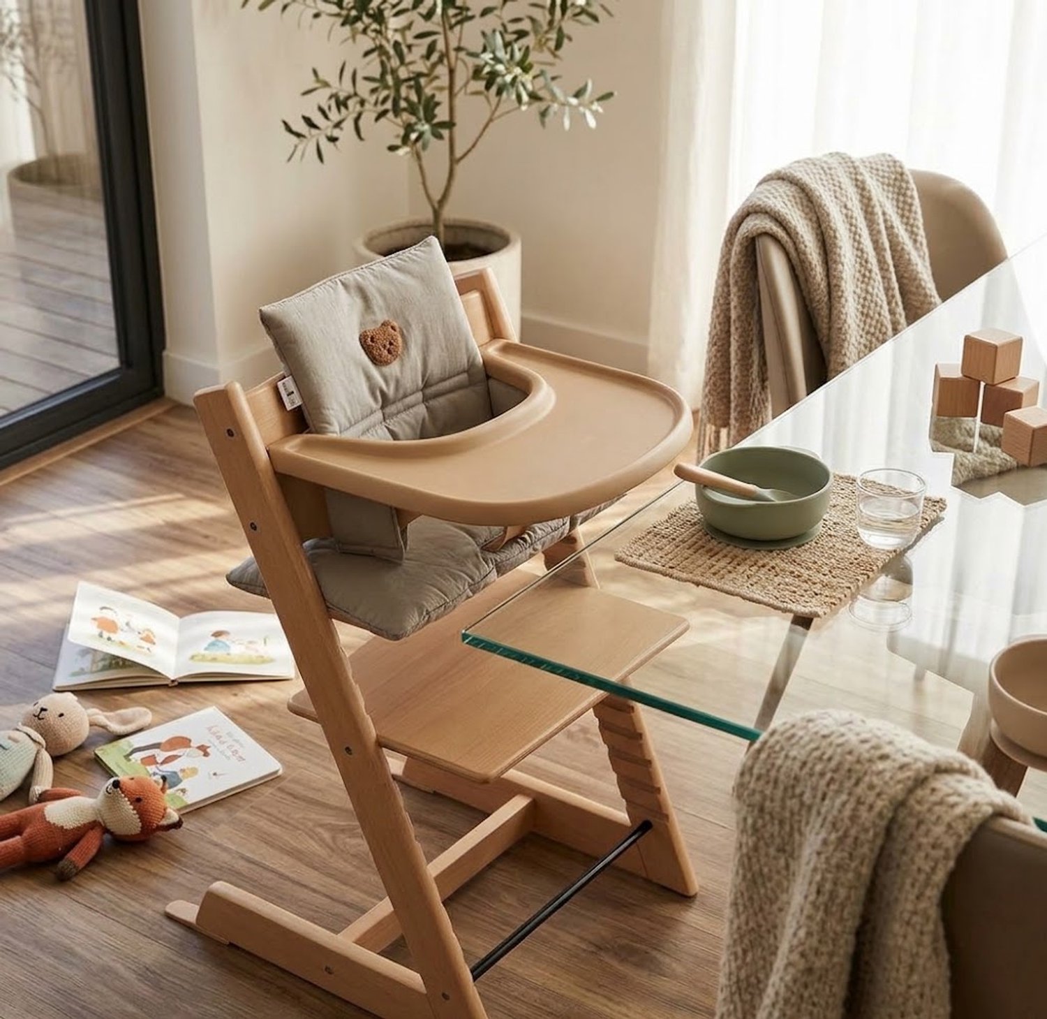 HHHK - Stokke Tripp Trapp Kussenset - Zitkussen en Rugkussen - Grijs met Beertje - Stoelverkleiner - Babyset Kussen – foto 2
