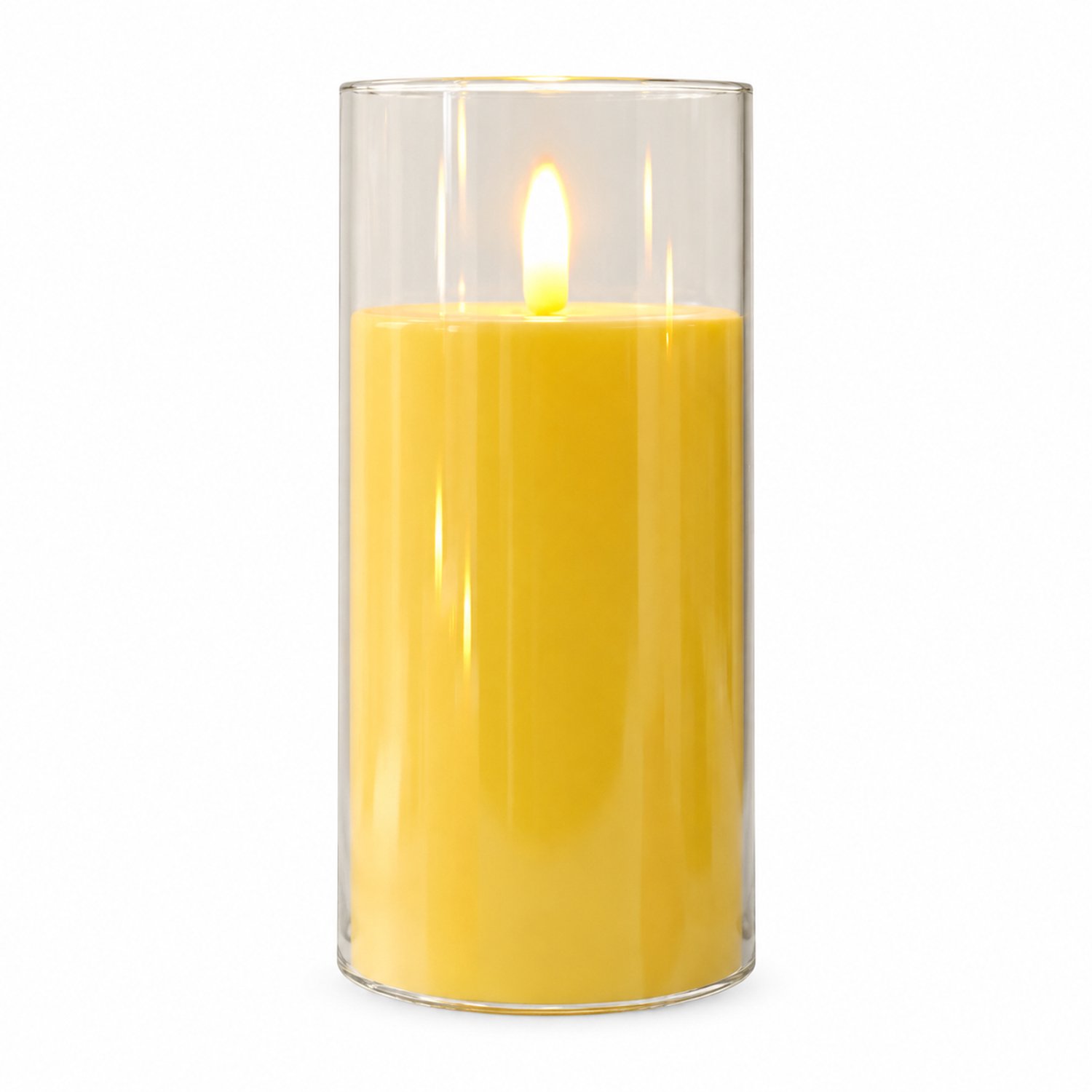 led kaarsen - LED-kaarslamp 7,5 x 15 cm met warm vlamvormig lichtpunt en transparante cilinder, verpakking 7,5 x 7,5 x 15,5 cm