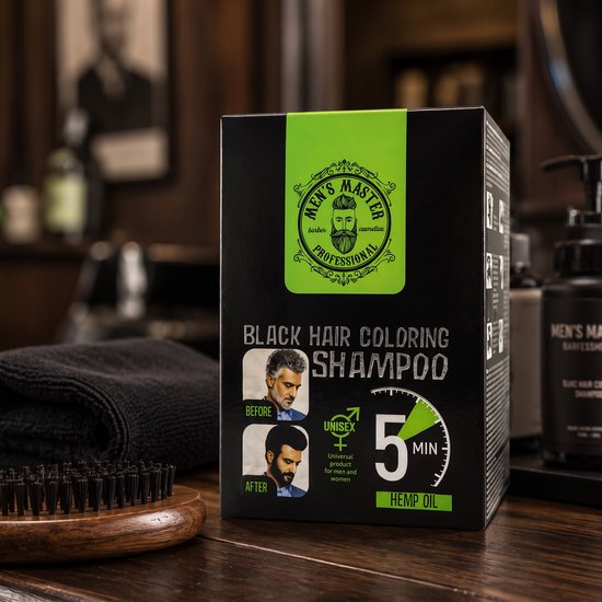 Zwarte Men's Master haarkleurshampoo doos met hennepolie en 5-minuten voor-en-na resultaten voor grijs haar.