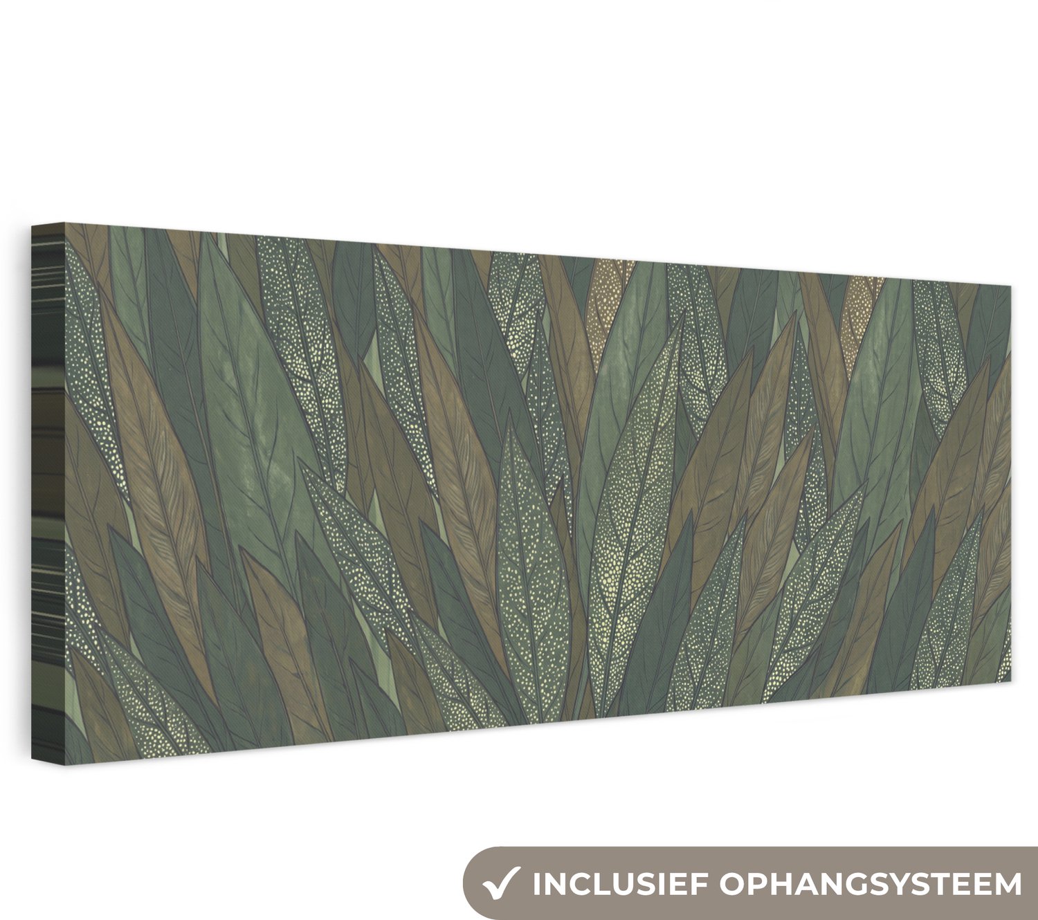 Canvas schilderij 60x20 cm - Exclusieve wanddecoratie Bladeren - Patroon - Gestippeld - Natuur - Groen - Muurdecoratie woonkamer - Slaapkamer decoratie - Kamer accessoires - Schilderijen op canvas