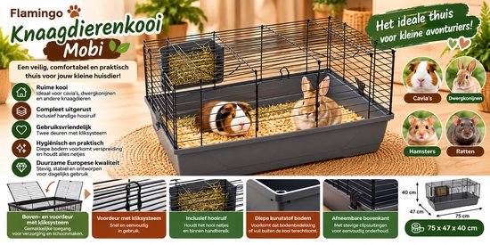 Flamingo Mobi knaagdierkooi met cavia en konijn, inclusief details over de functies.