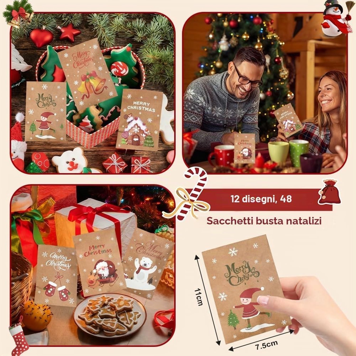 Kerstcadeauzakjes - 48 Stuks - Papieren zakjes - Kerstzakjes - Papieren Tassen - DIY Adventskalender - Kleine cadeautasjes - Mini Kerstgiftzakjes met Stickers - Snoepzakjes voor koekjes, bonbons, chocolade en andere feestartikelen - 11 x 7,7 cm – foto 3