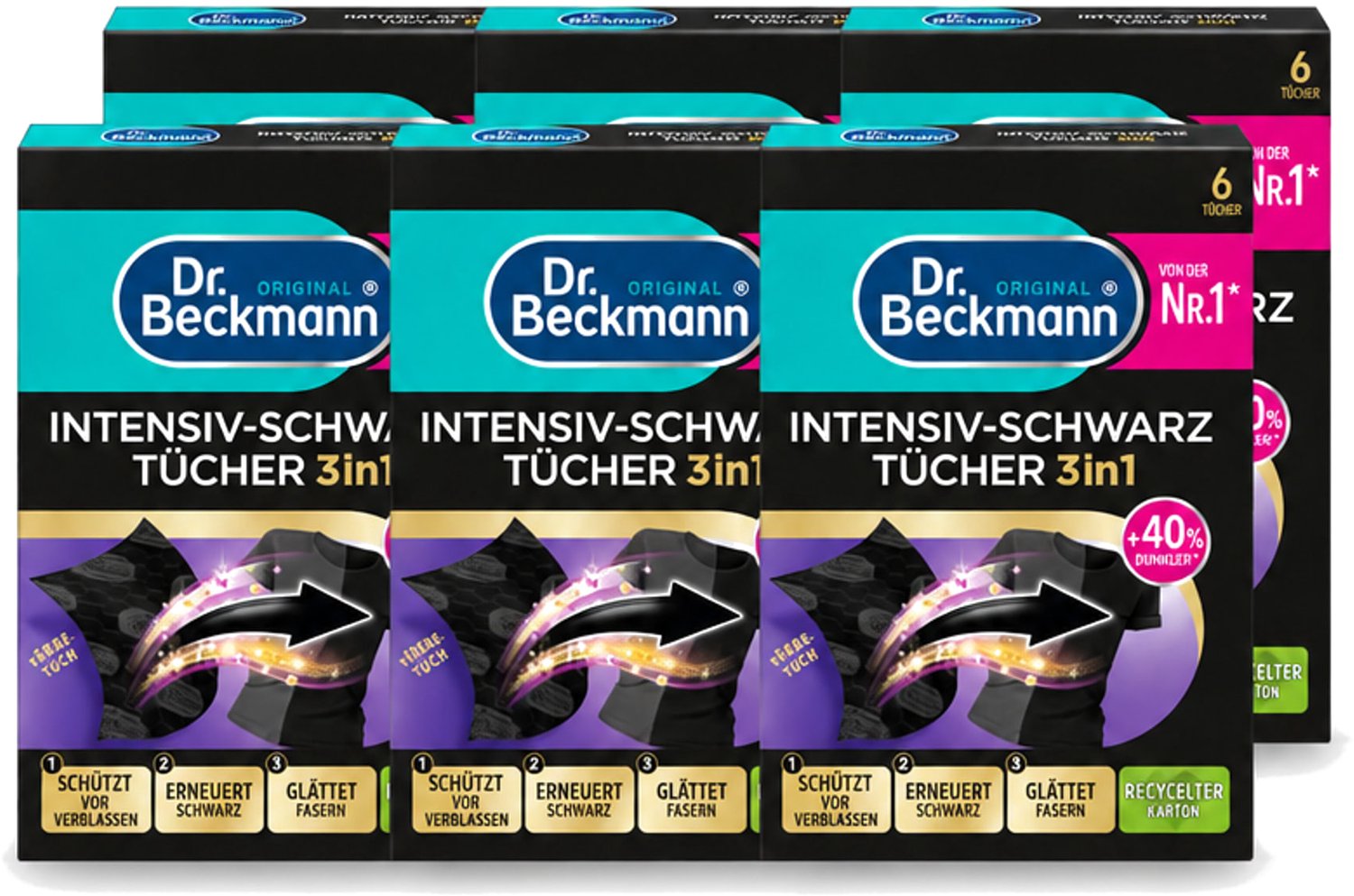 6 x Dr. Beckmann - Kleurverzorging - Intensive Black 3 in 1 - Donkere Was - 6 Doekjes - Voordeelverpakking - 6 stuks