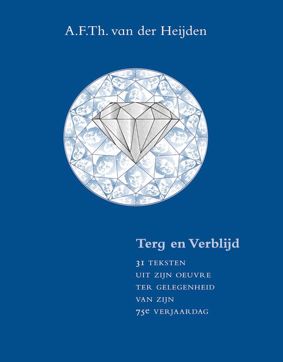 Boekomslag 'Terg en Verblijd' van A.F.Th. van der Heijden met een diamant gevuld met portretten op blauwe achtergrond.