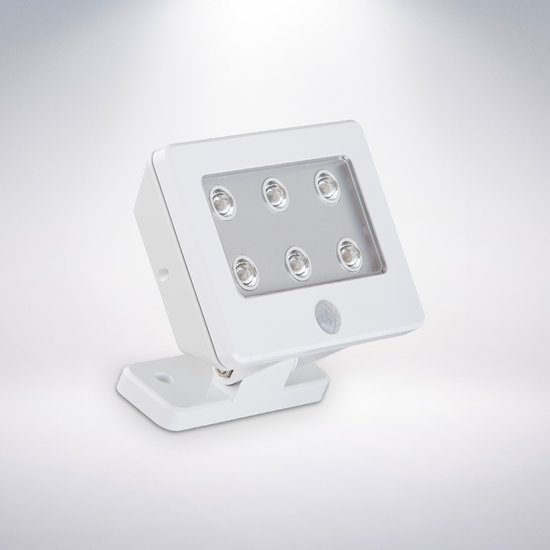 Witte wandlamp voor buiten met 6 LED-punten en een ingebouwde bewegingssensor.