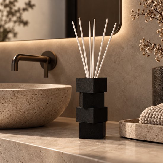 Geurstokjeshouder mat zwart – Luxe Geurverspreider Cozy Plaid – Navulbare Geurstokjes Set 200 ml – Design Diffuser met Witte Stokjes – Stijlvol Huisparfum Cadeau — cadeau in Wonen & Interieur - foto 3