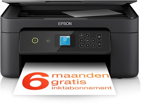 Zwarte Epson-printer met een blad papier waarop staat '6 maanden gratis inktabonnement'.