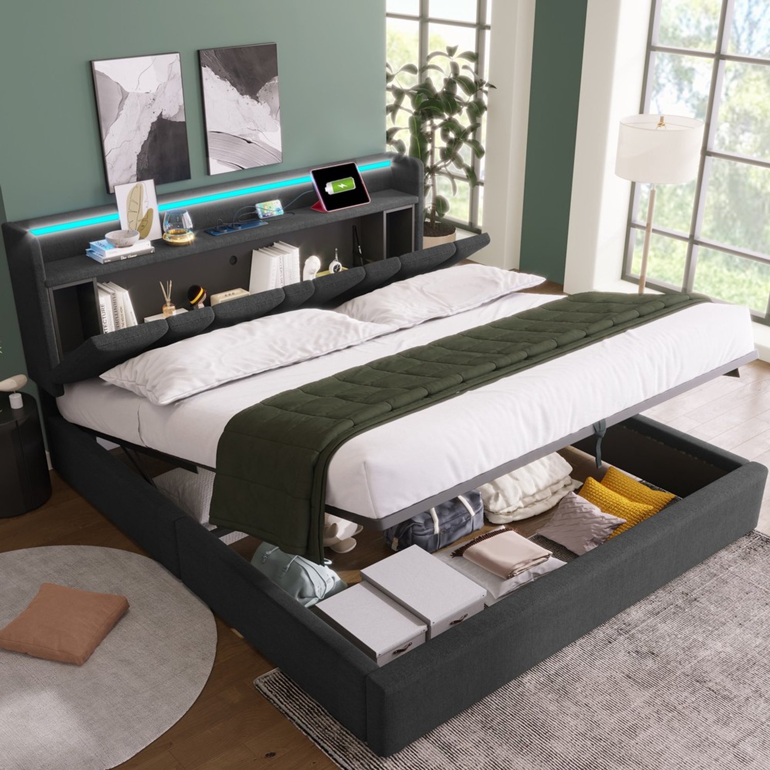 KOMHTOM Gestoffeerd tweepersoonsbed - 140x200 cm - Grijs - LED-verlichting - USB-oplaadfunctie - Houten lattenbodem - Opbergruimte - Lattenbodem