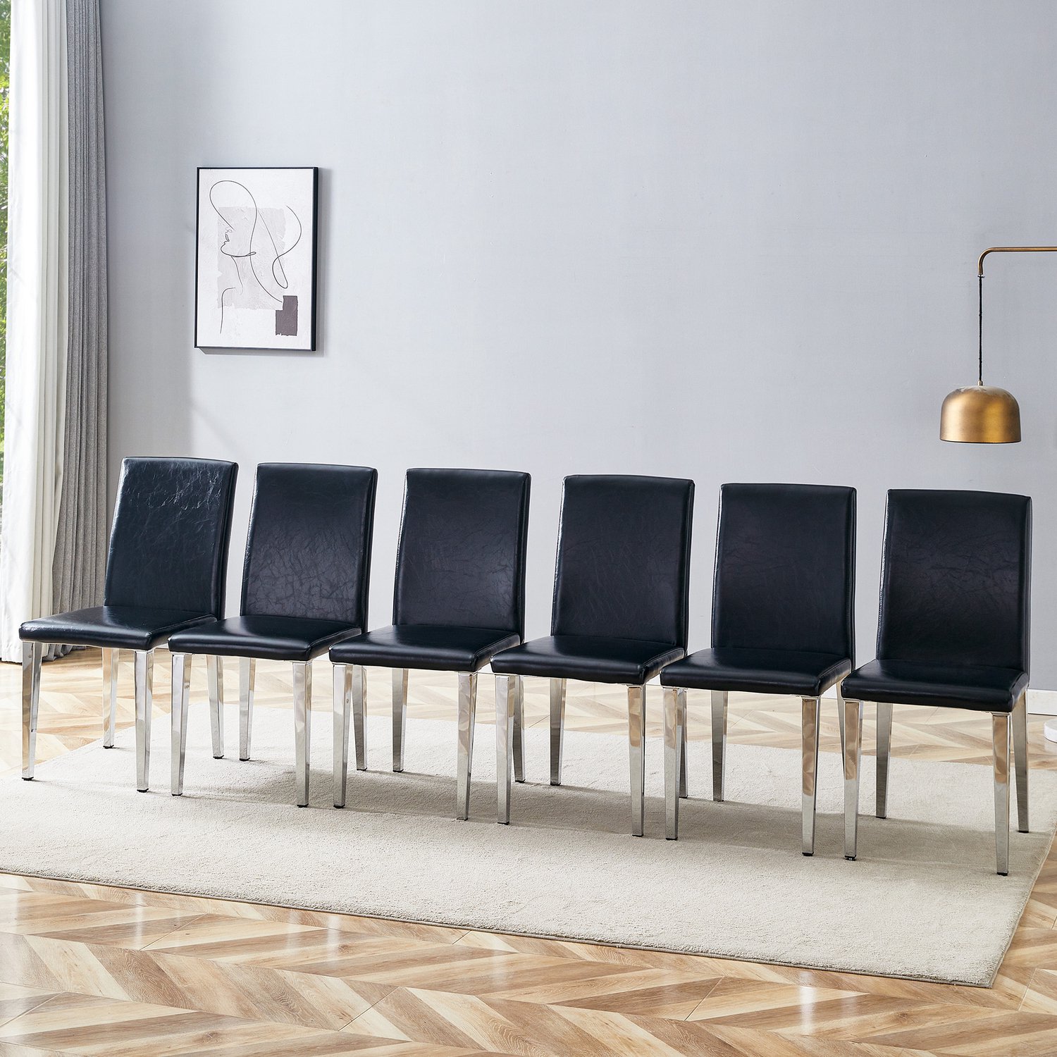 MIVRAY Eetkamerstoel Set Van 6 - Minimalistisch Design - Kunstleer En Metaal - Zwart En Zilver