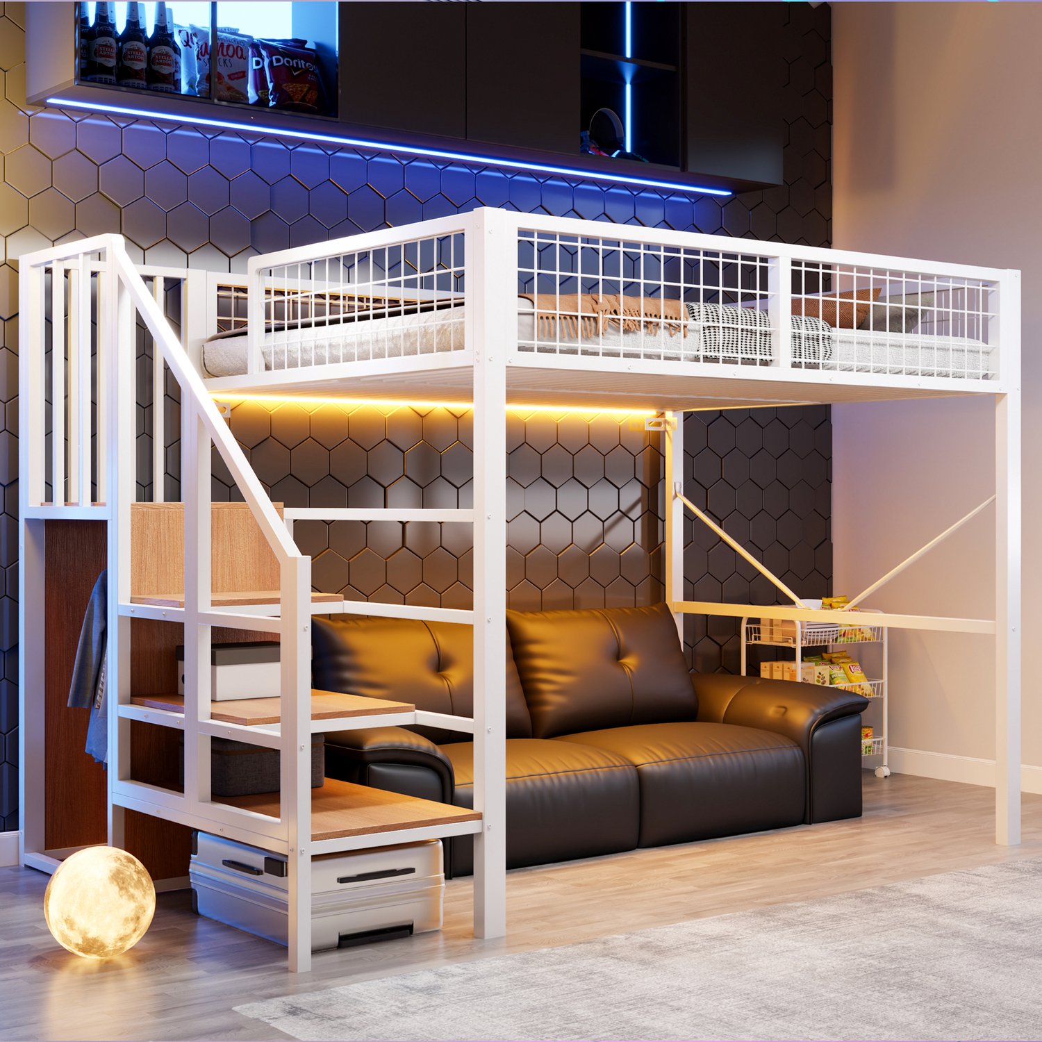WUVRIE Hoogslaper 140x200 cm - Opbergladder, LED en metalen veiligheidshek - Wit