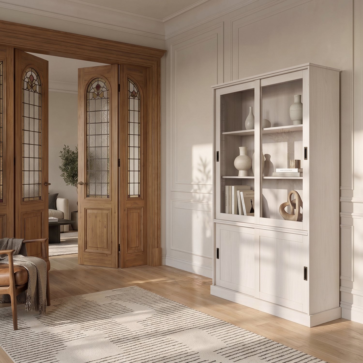 Notio Living Harry Vitrinekast met 4 Schuifdeuren en Glaspanelen - Massief Grenenhout - 114 cm wit