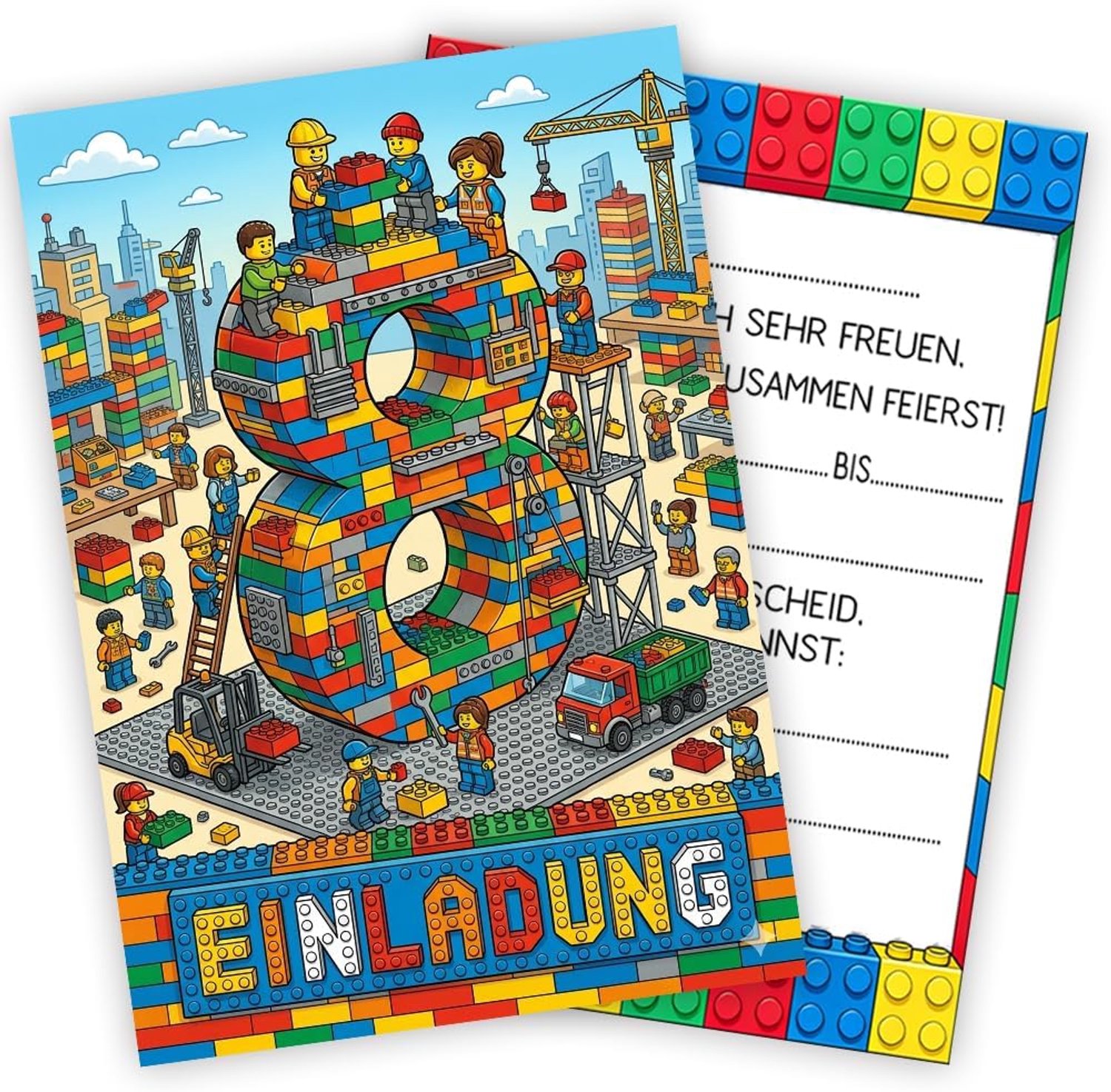 12x Uitnodiging bouwstenen kinderfeest 8 jaar