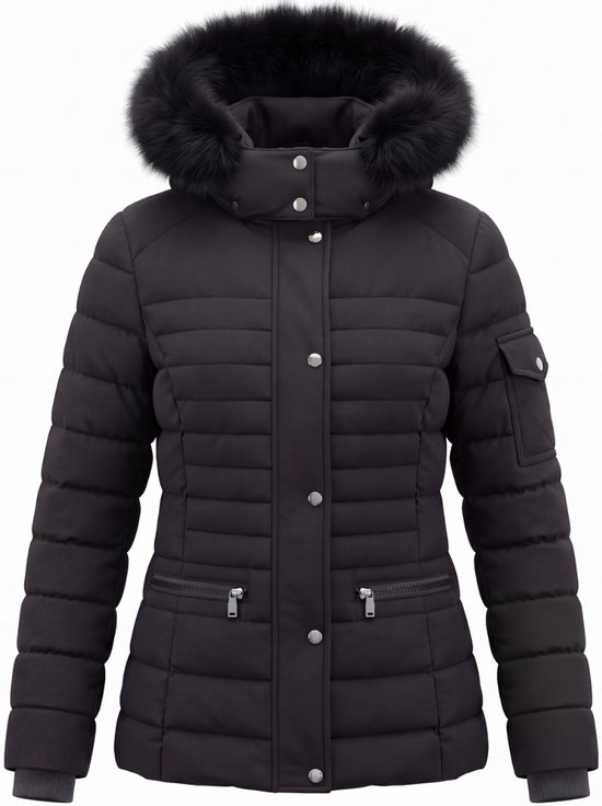 Zwarte gewatteerde winterjas met getailleerde pasvorm, ritszakken en een capuchon met zwarte imitatiebontkraag.