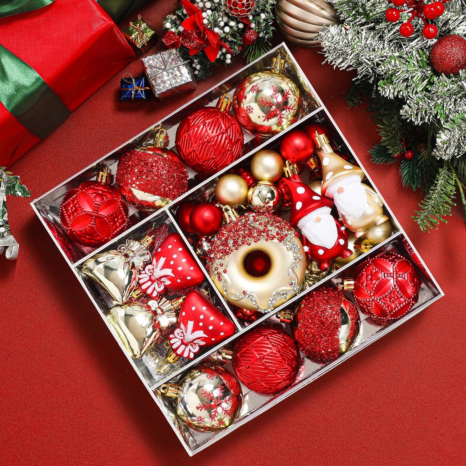 KZQ Set van 60 onbreekbare plastic kerstballen met ophangkoordjes, rood en goud, klassieke cadeauset voor kerstboom, feest en bruiloft – foto 3