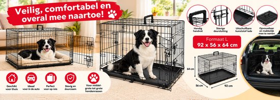 Zwarte hondenbench maat L, 92x56x64cm, opvouwbaar, voor auto en huis, inclusief Border Collie.