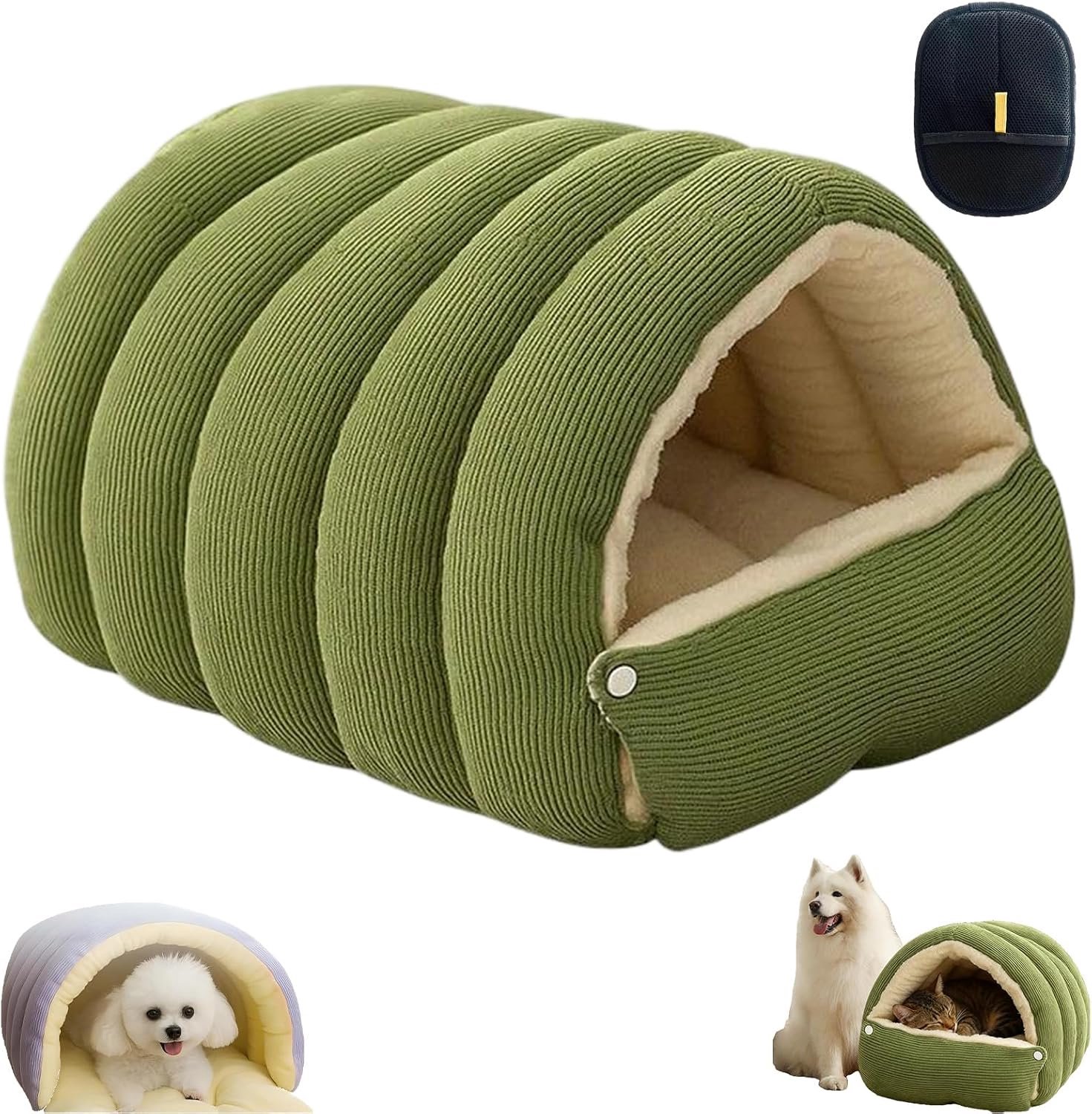 Knus 'Cocoon'-huisdierbed en kattenhol – Zacht bed met kap en antislipbodem, wasbaar, rustgevend voor binnenkatten en kleine honden (groente, maat S)