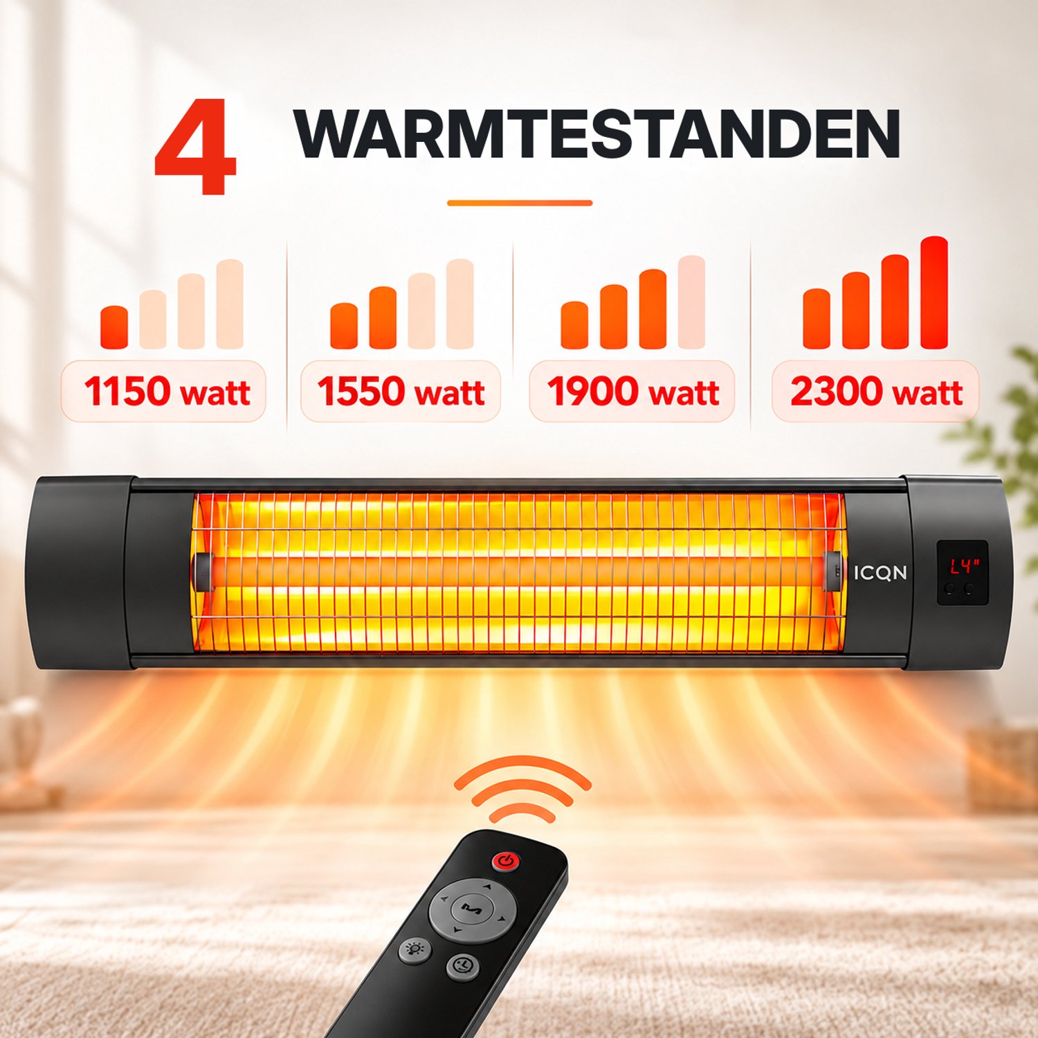 ICQN Infrarood Terrasverwarmer met Afstandsbediening - 2300W - 4 Standen - Water en stofbescherming - Voor Binnen en Buiten - Elektrische Kachel - Zwart – foto 3