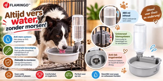 Flamingo 480ml drinkfles met klem voor bench, anti-mors systeem en kogelventiel, geschikt voor honden.