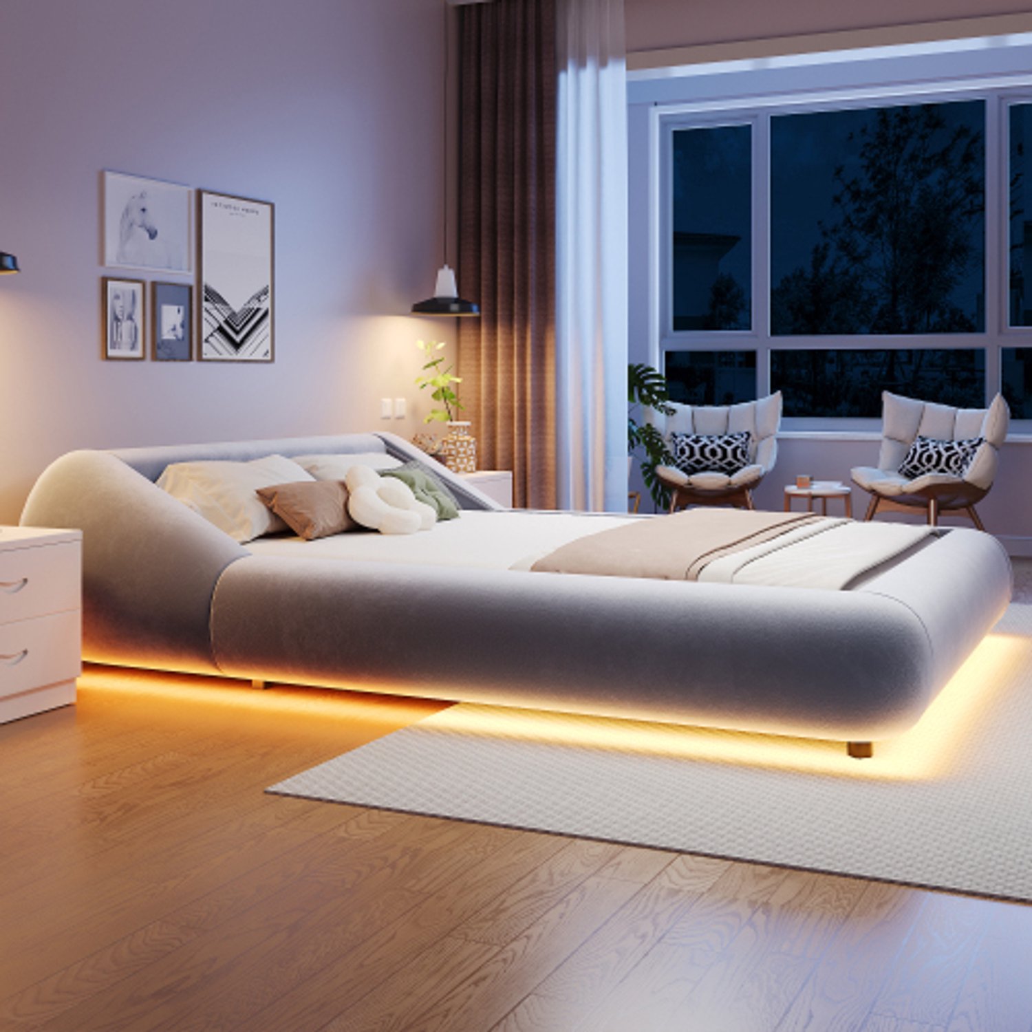 OOIILLEE Tweepersoonsbed 140 x 200 cm, omloop hoofdeinde en gebogen bedvorm, zwevend bedframe met LED-verlichting, tweepersoonsbed, fluweel, grijs (zonder matras)