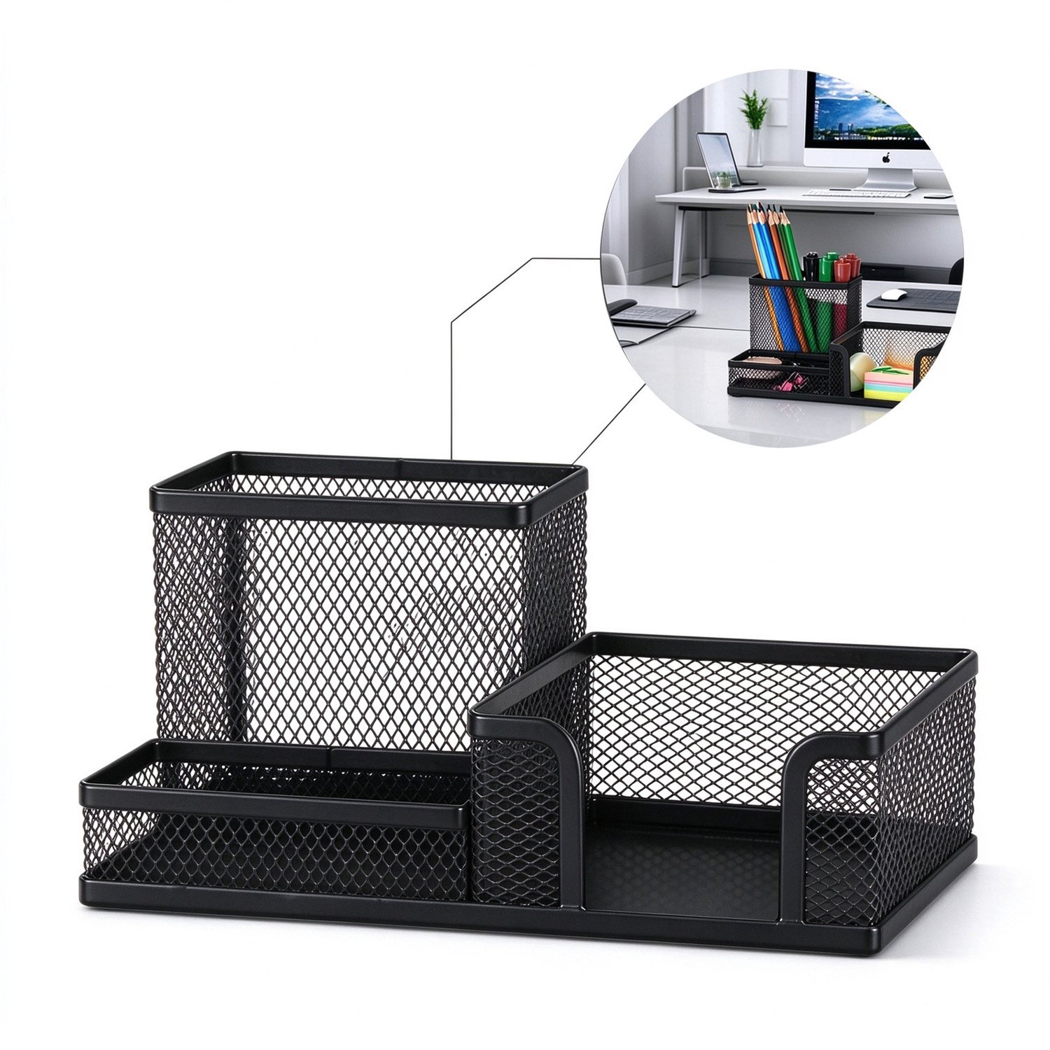 Lifhelpe Metalen Mesh Bureau Organizer - Pennenhouder - Meerdere Vakken - Voor Kantoorbenodigdheden - Modern Zwart