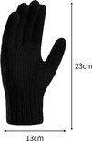 Zwarte gebreide handschoen met afmetingen van 23cm hoog en 13cm breed.