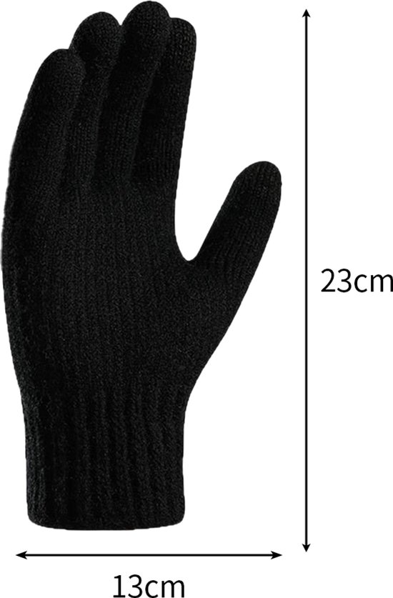 Zwarte gebreide handschoen met afmetingen van 23cm hoog en 13cm breed.