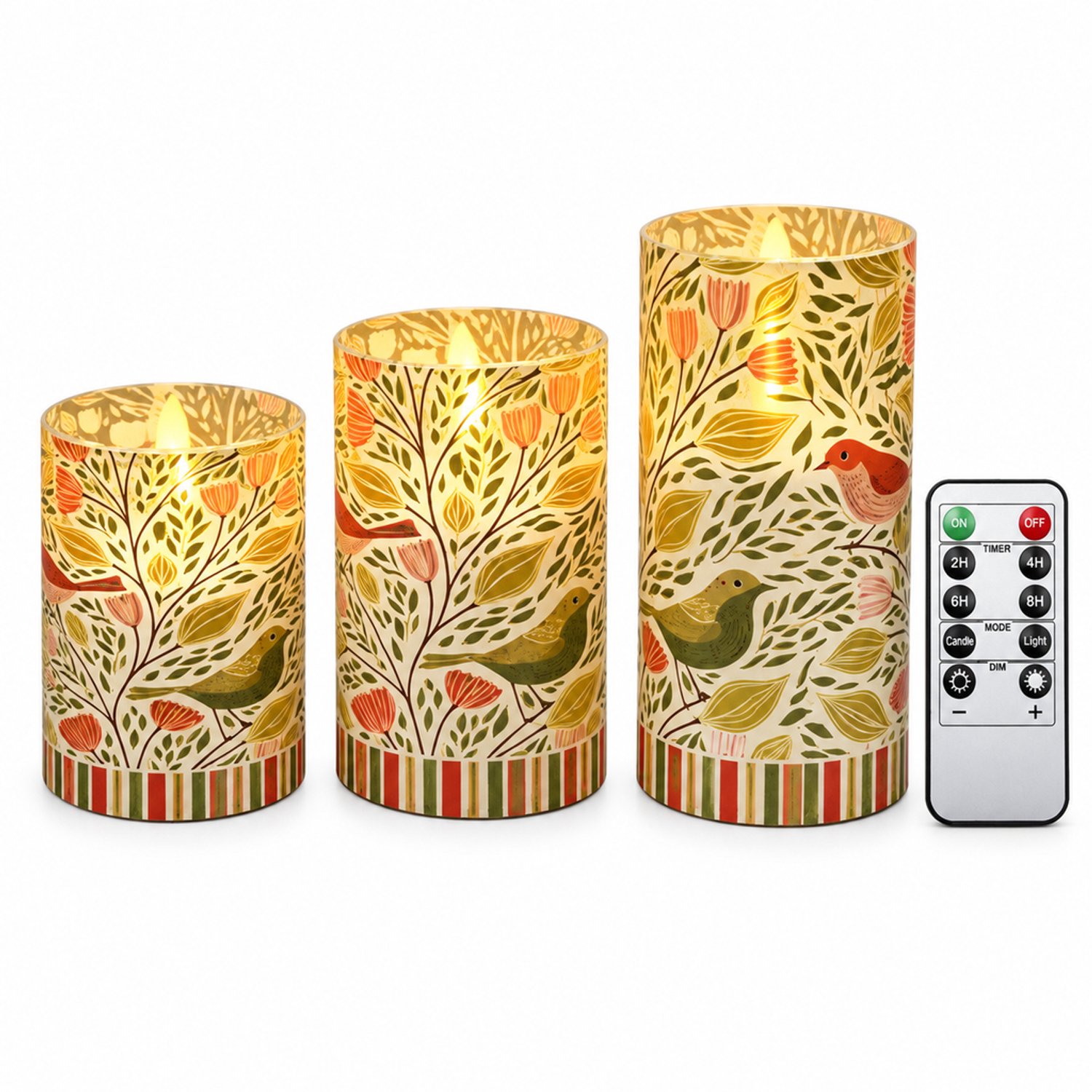 SWGOTA led kaarsen, set van 3 met bloemen- en vogelpatroon, warm licht, afstandsbediening, voor binnen, zonder batterijen Crème