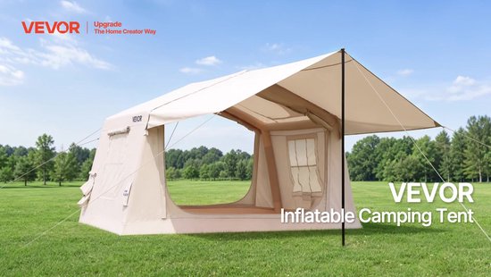 VEVOR Opblaasbare Campingtent Familietent Luchttent 5-8 Personen Groen, voor Buitenactiviteiten Waterafstotend 420D Oxford-Stof met Dakraam, Kachelpijpopening Gaasraam & Draagtas