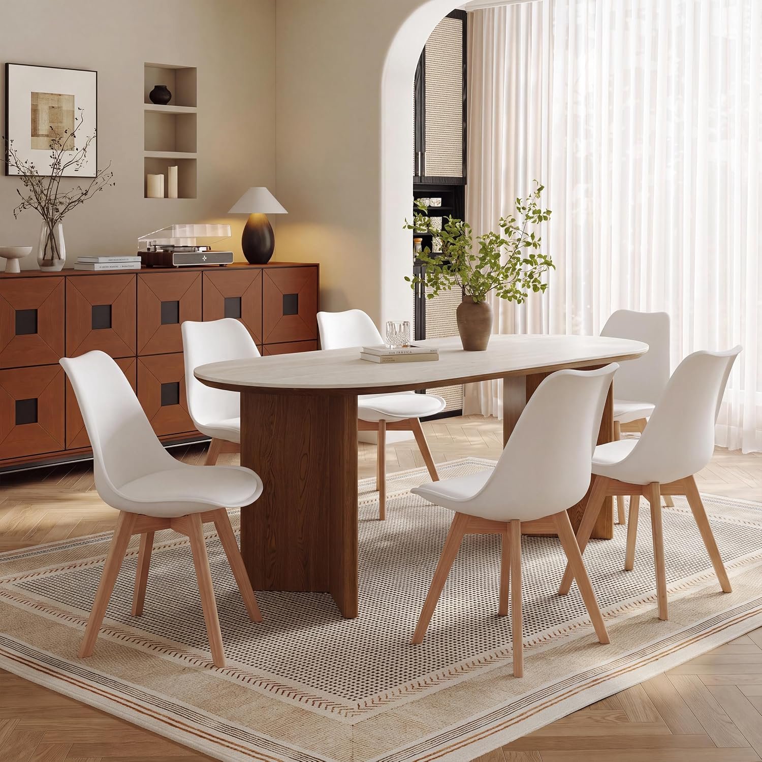 Moderne Witte Eetkamerstoelen Set van 6 met Massief Houten Poten, Ergonomische Rugleuning en Afneembare Wasbare Zitting – Scandinavische Keukenstoelen voor Eetkamer en Woonkamer – 41 x 42 x 83 cm
