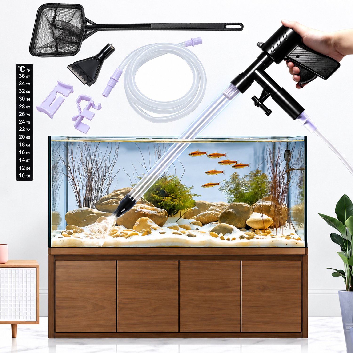 Aquarium Stofzuiger voor Bodemreiniging - Gravel Cleaner Set met Algenschraper en Visnet - Zonder Batterijen