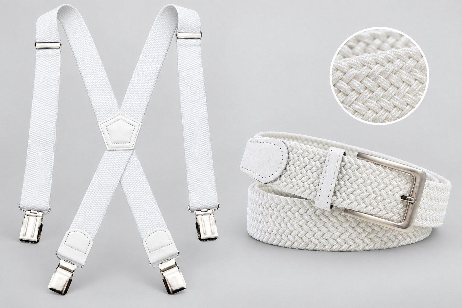 JVS bags Bretels en Riem Set – Wit – Verstelbare Bretels met 4 Clips en Gevlochten Riem Maat 110 cm