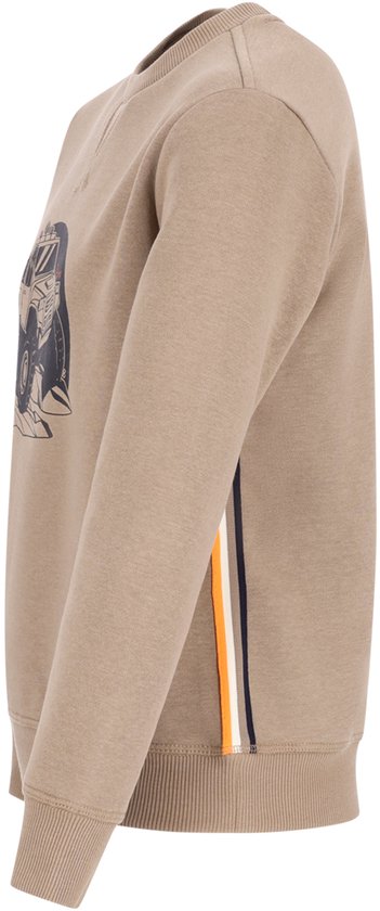 Beige sweater met een contrasterende oranje en marineblauwe streep aan de zijkant.