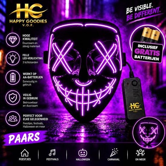 Paars LED-masker met kruisvormige ogen en een genaaide glimlach, inclusief batterijhouder en gratis batterijen.