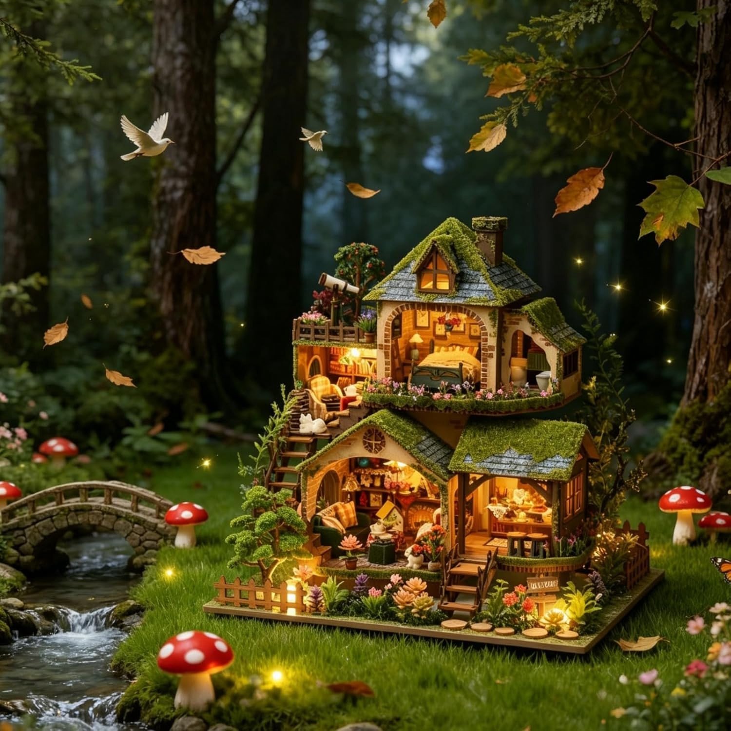 Miniatuur Poppenhuis Kit met LED Verlichting, Houten Knutselproject voor Volwassenen en Tieners, Perfect als Kerst- of Verjaardagscadeau (Bosavontuur)