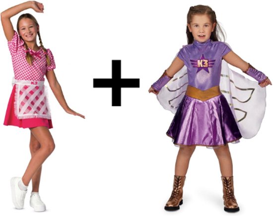 Ensemble de déguisement K3 avec robe à carreaux roses et costume de super-héros violet avec logo K3 et cape.