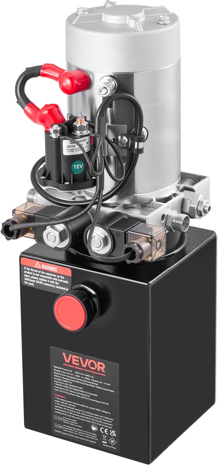 VEVOR 4 Qt Hydraulische Krachtbron, Dubbelwerkende Kipperaanhangerpomp, Maximale Openingsdruk 22 MPa en Debiet 3,4 L/min, 12 V DC Hydraulische Pomp met Metalen Reservoir voor Kipperaanhangers, Zwart — afbeelding 2