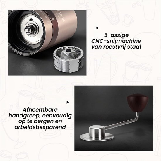 Handmatige Koffiemolen met 6 Verstelbare Maalgraden voor Espresso en French Press, Rvs Conische Molen, Perfect voor Thuis, Kantoor of Reizen, Roze Goud — afbeelding 3